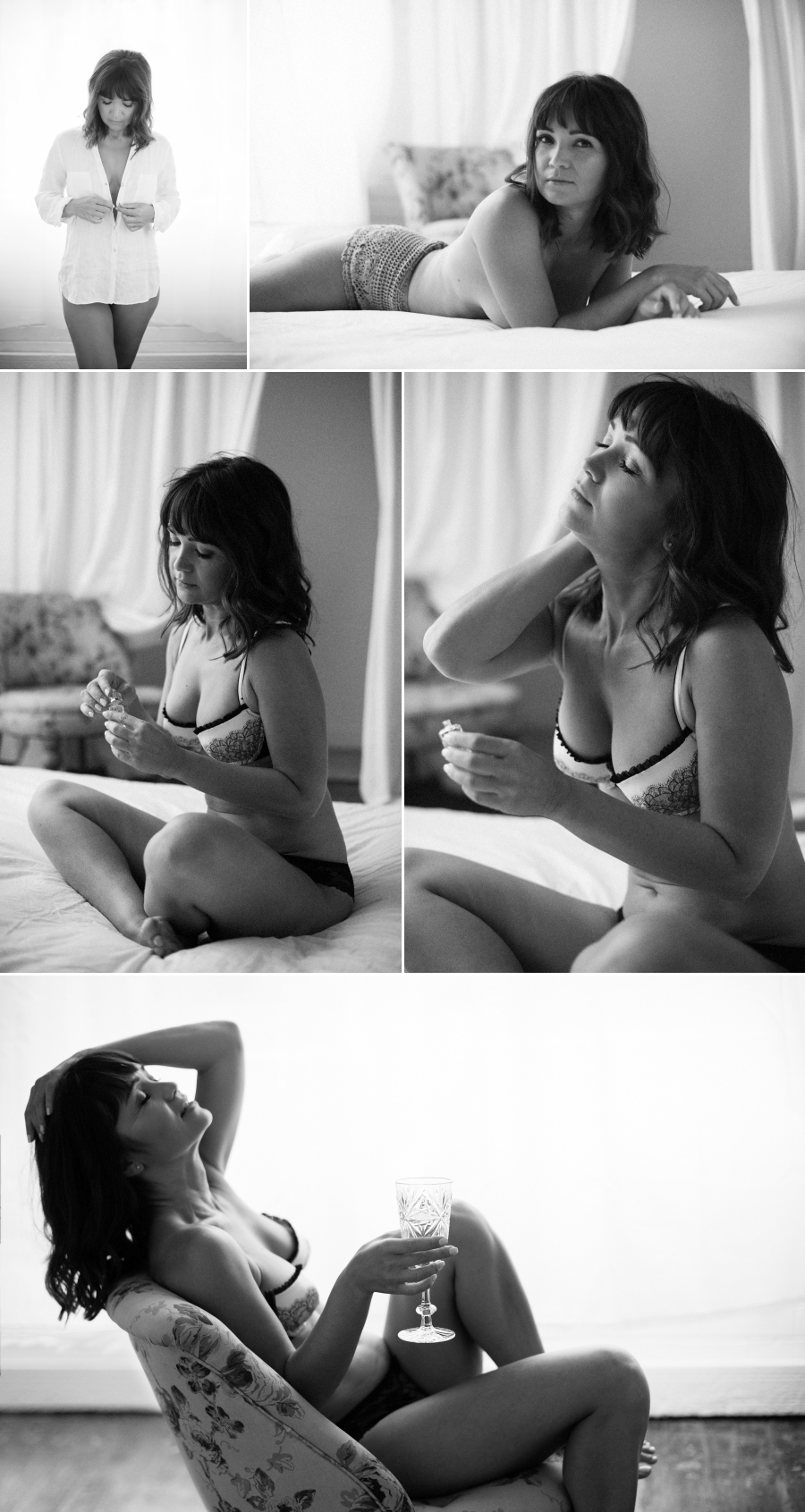 collage of black and white boudoir images, brunette with shoulder-length hair
