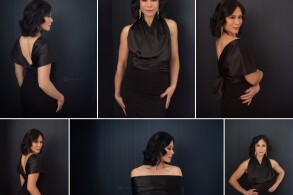 6 images of asian lady wearing different variations of a little black dress